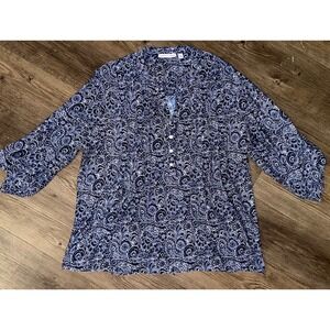 Notations Womens XL Navy White Paisley Floral Roll Tab 3/4‎ Sleeve Blouse Top